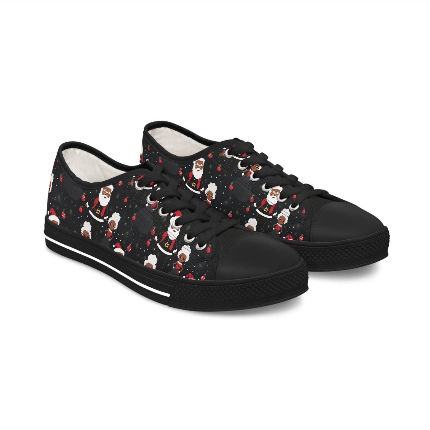 Black Santa and Mrs Claus Festive Christmas Low Top Tennis Shoes, Unique Women's Holiday Sneakers