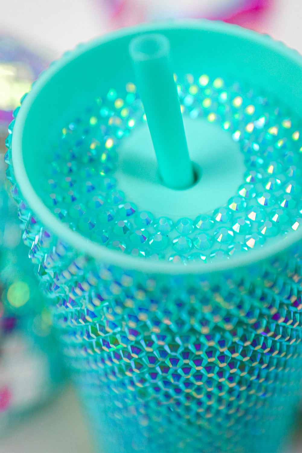 Glamorous Green Rhinestone-Embellished Travel Cup with Straw - Compact, Durable & Safe PP Material