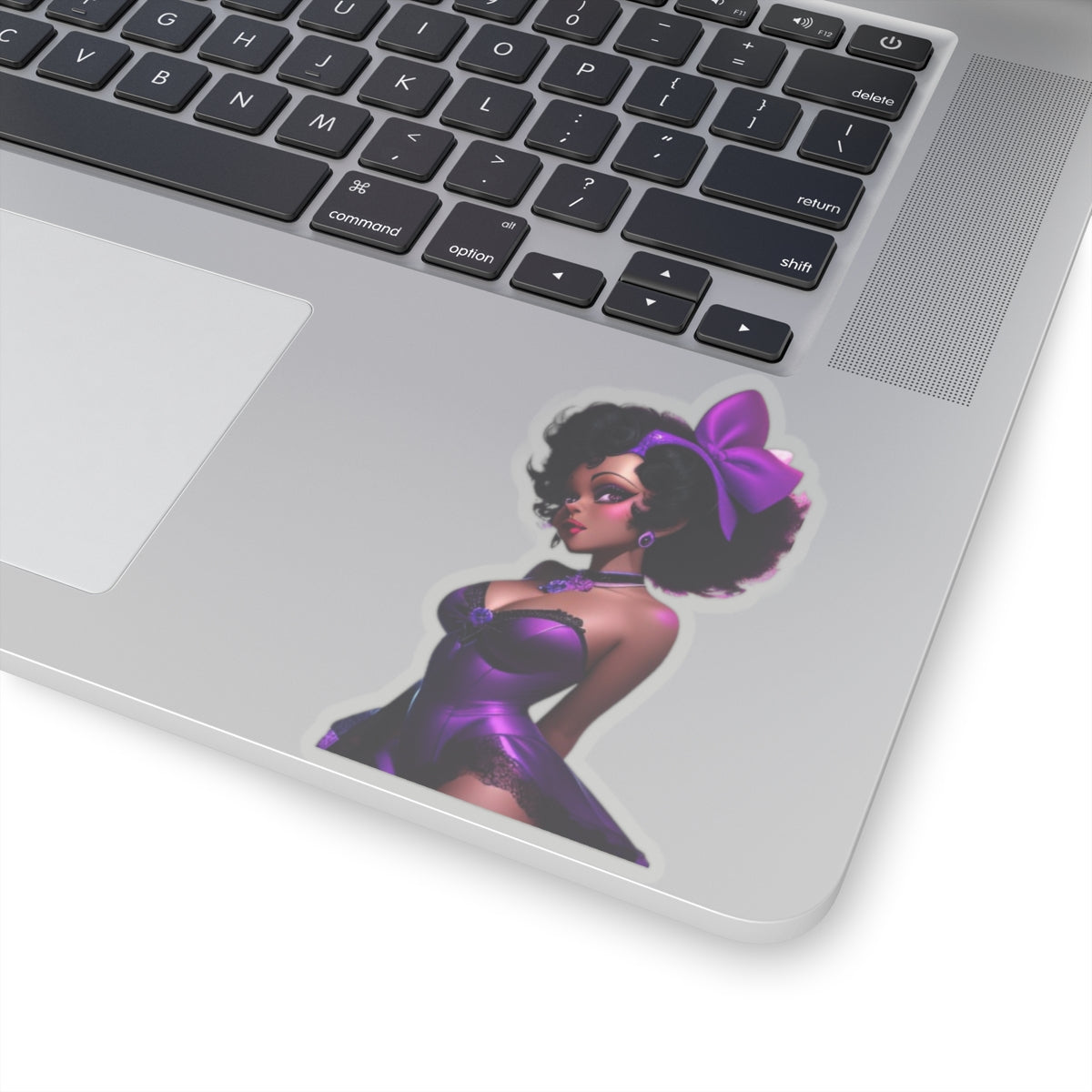 Black Woman Pin-Up Girl Sticker, Sexy Black Woman in Purple Lingerie Sticker