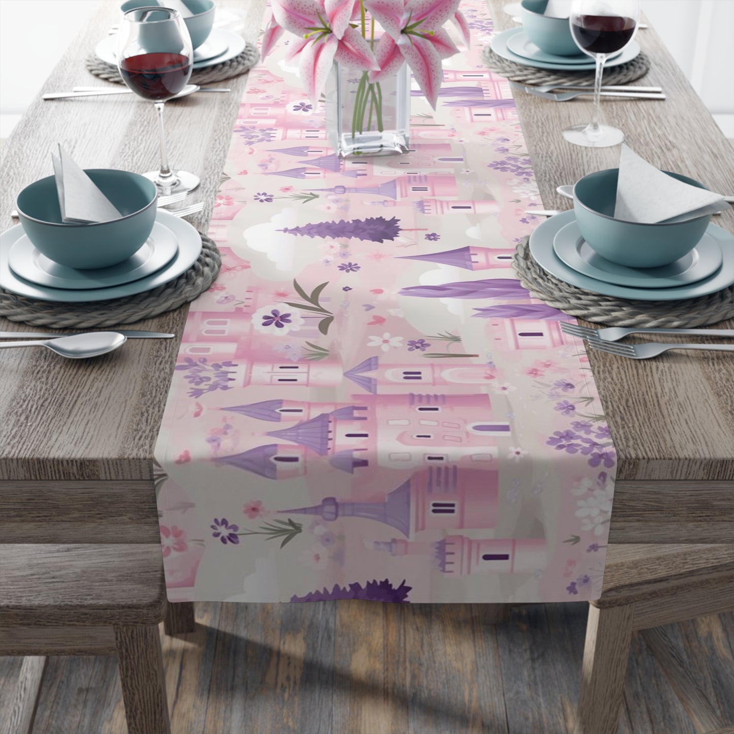 Enchanted Princess Castle Table Runner – Polyester & Cotton Twill with Tiara & Rose Accents