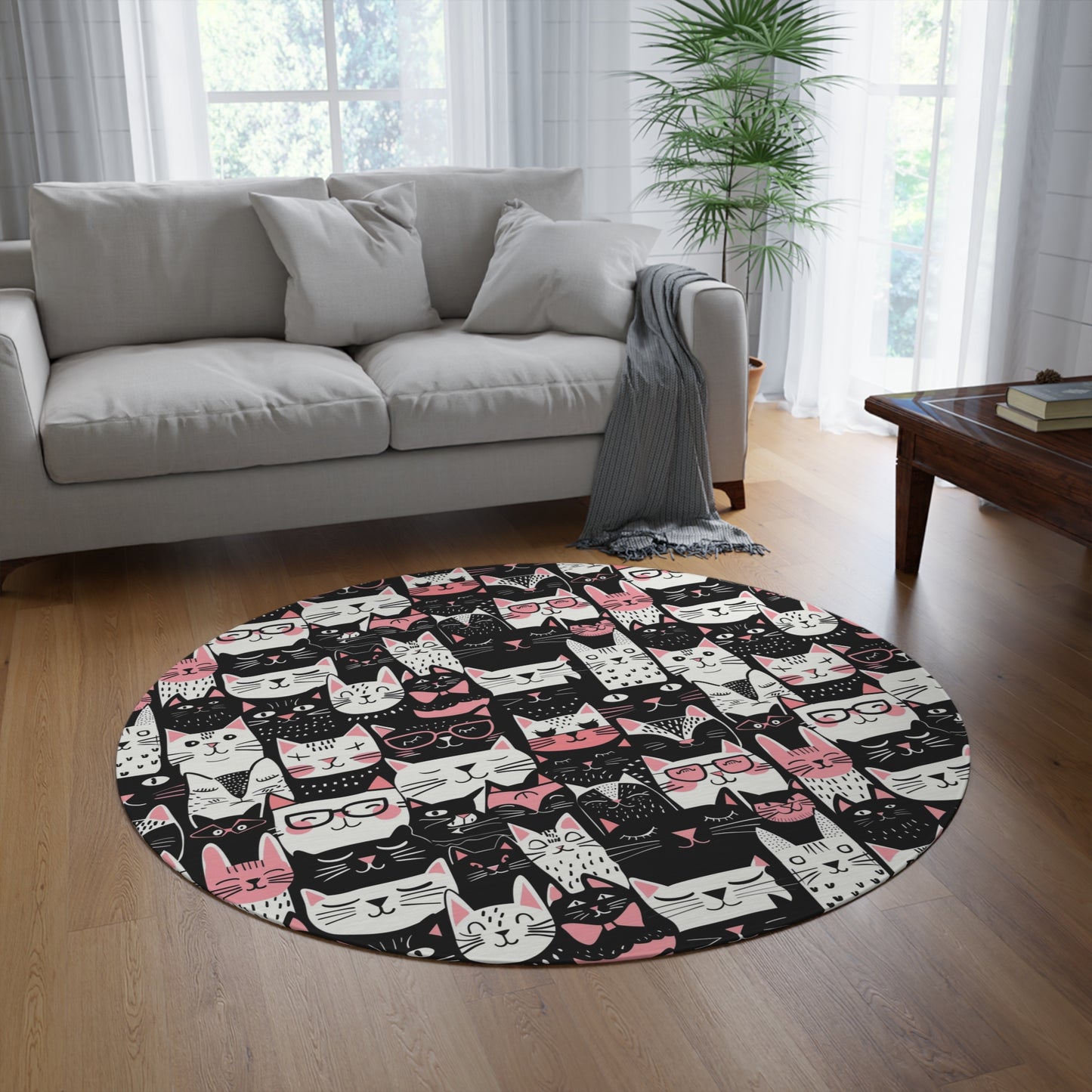 Whimsical Cat Faces Round Rug,  Playful Black, White, and Pink Design , 60" Chenille Decorative Rug