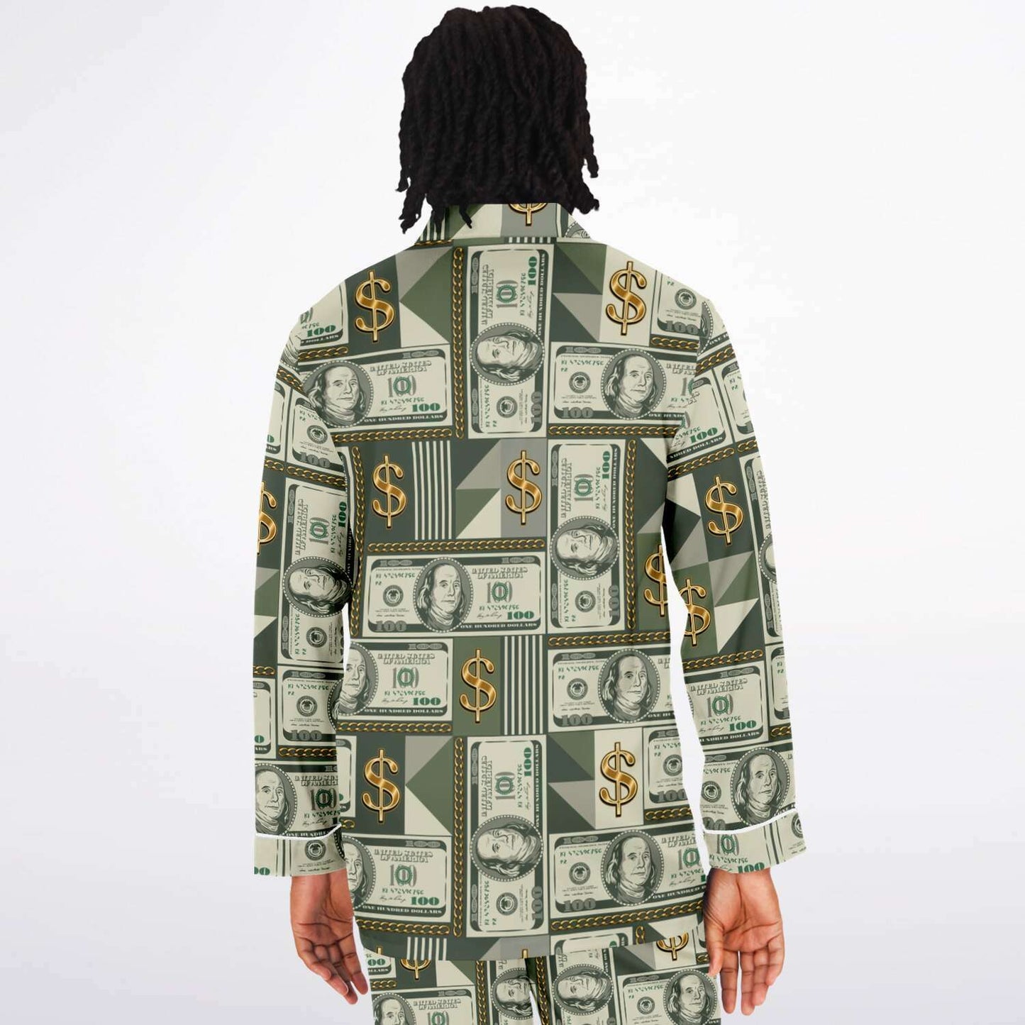 Money Manifestation Satin Luxury Pajamas for Men, Plus Size Money Print Mens Loungewear