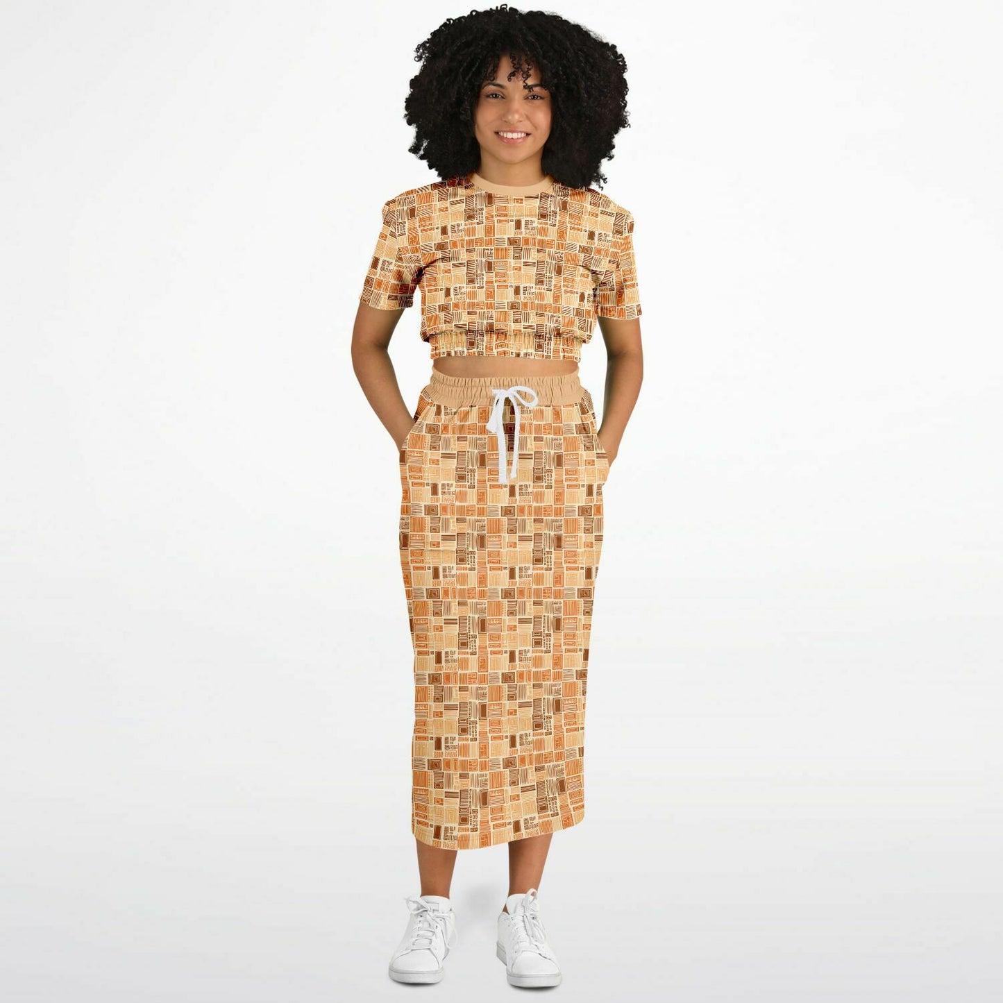 Earth Tone African Mud Cloth Print Women's Cropped Sweatshirt & Long Skirt Set, Ethnic Print Fashion