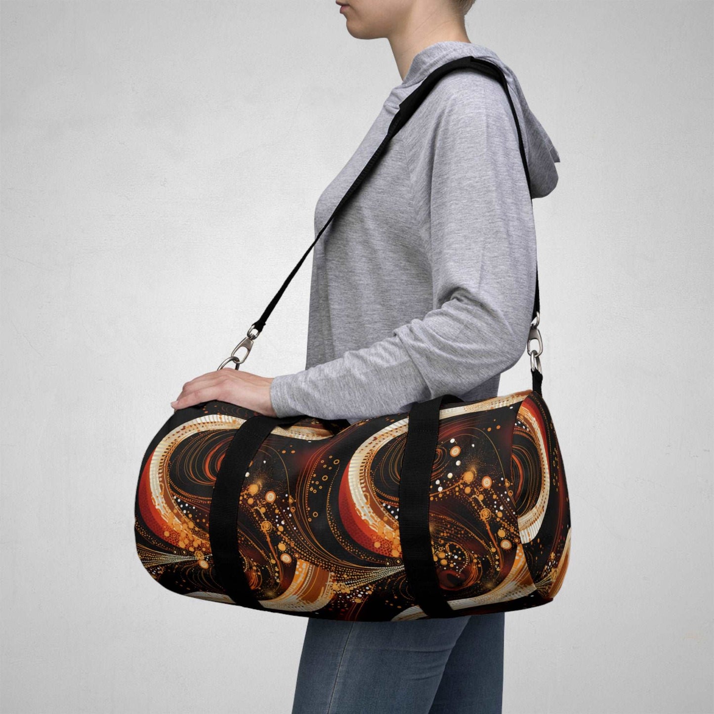 Black & Gold African Print Duffle Bag, Modern Abstract Pattern in Dark Orange and White Gym Bag