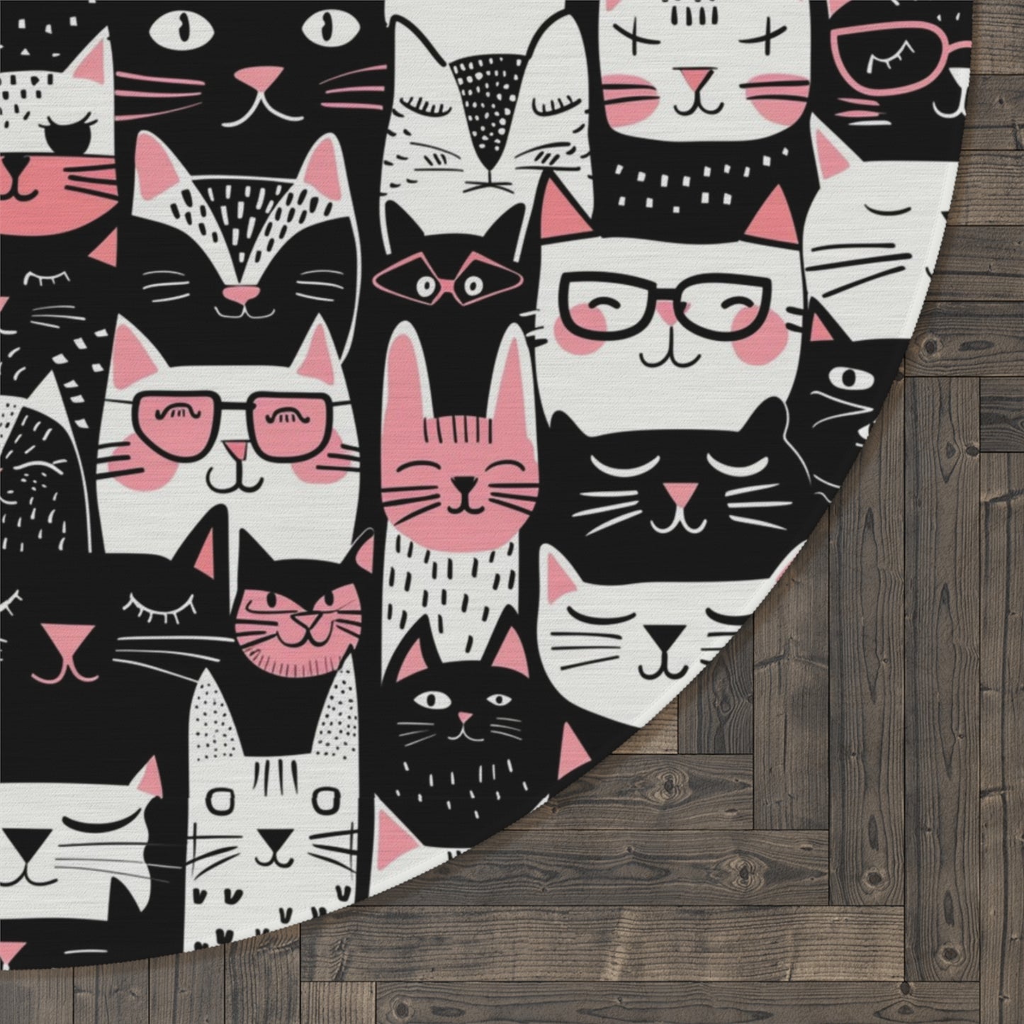 Whimsical Cat Faces Round Rug,  Playful Black, White, and Pink Design , 60" Chenille Decorative Rug