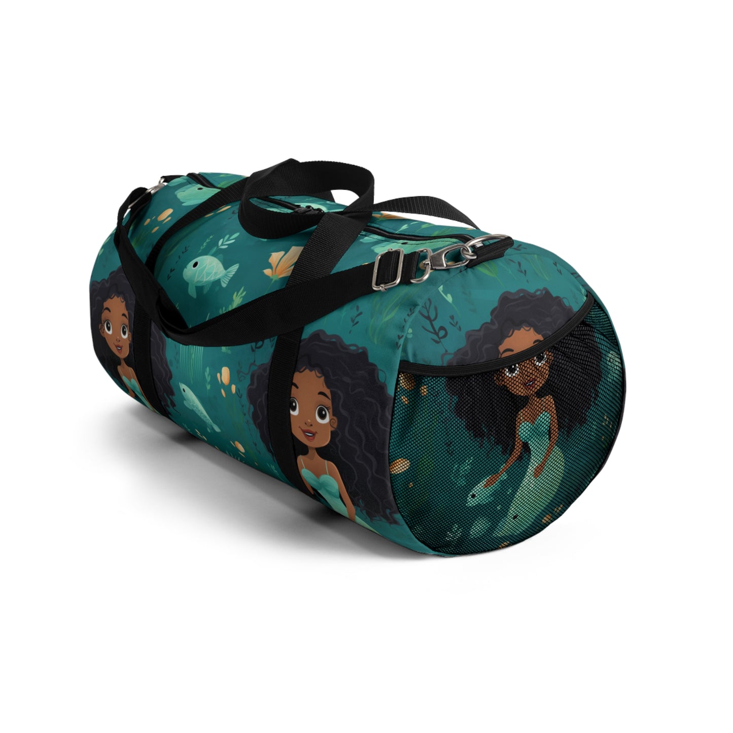 Under The Sea Black Girl Mermaid Print Duffle Bag, African American Mermaid Overnight Bag