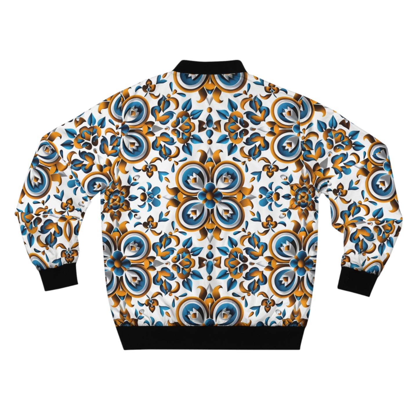 Men's African Print Bomber Jacket, Blue & Yellow Floral Pattern, Vibrant Cultural Style