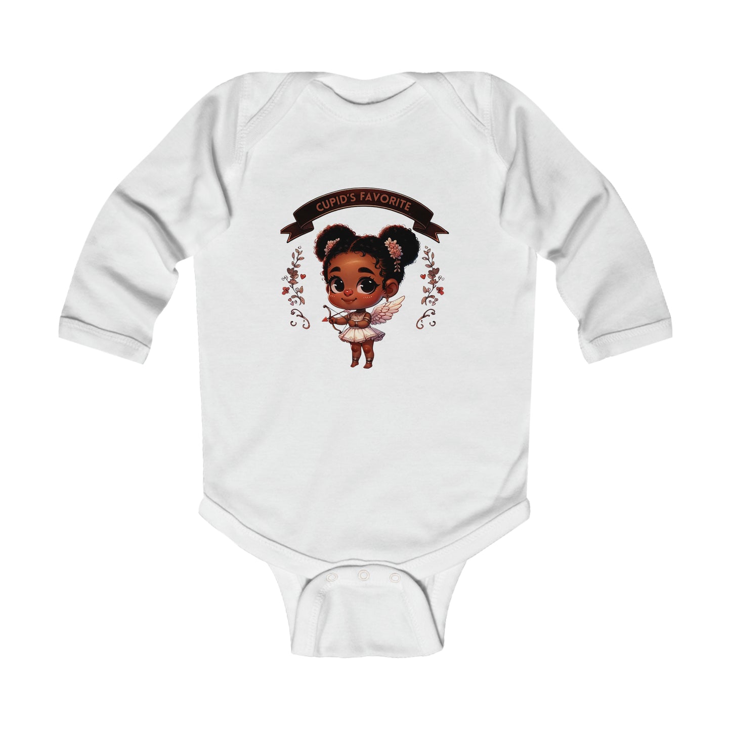 Black Girl Cupid Valentines Day Infant Long Sleeve Bodysuit, Valentines Day Baby Girl Onesie