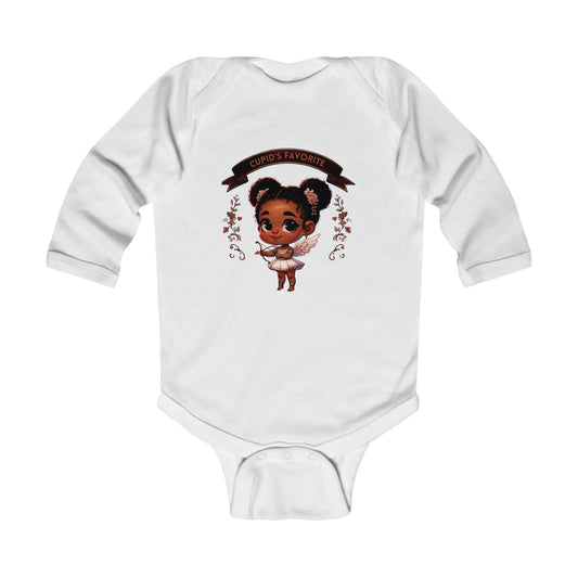 Black Girl Cupid Valentines Day Infant Long Sleeve Bodysuit, Valentines Day Baby Girl Onesie