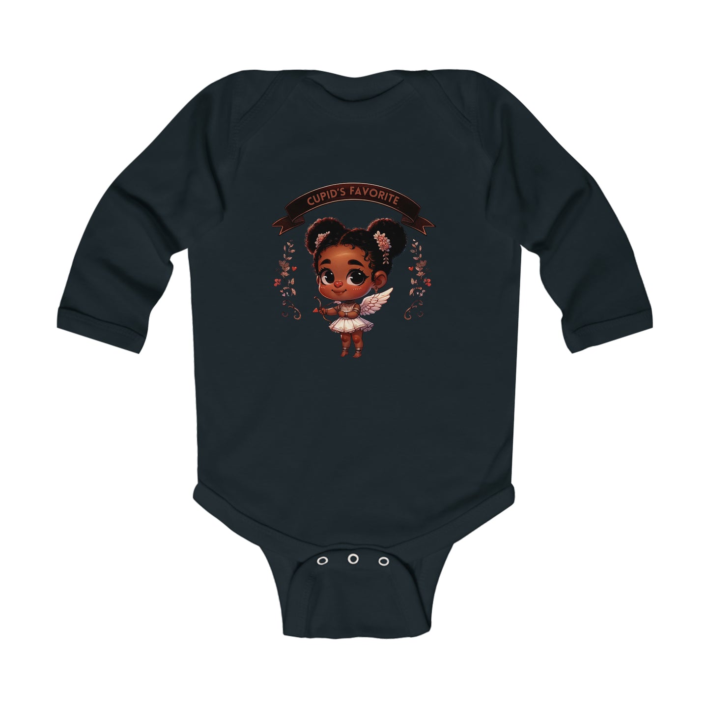 Black Girl Cupid Valentines Day Infant Long Sleeve Bodysuit, Valentines Day Baby Girl Onesie