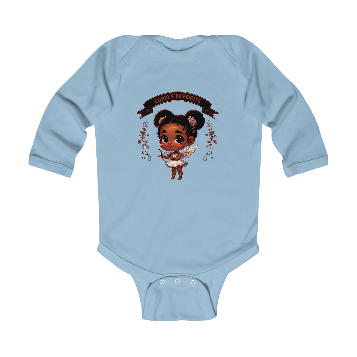 Black Girl Cupid Valentines Day Infant Long Sleeve Bodysuit, Valentines Day Baby Girl Onesie