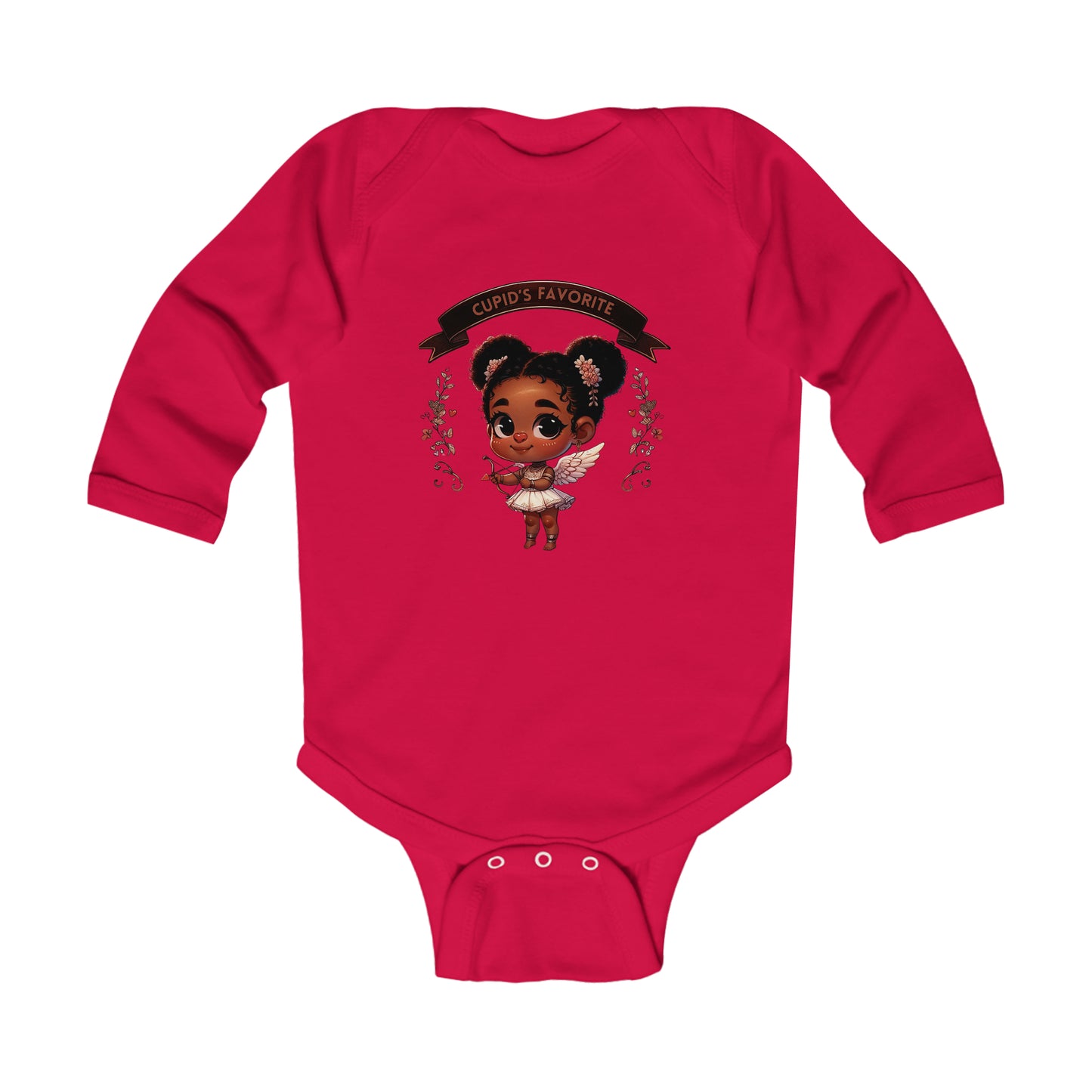 Black Girl Cupid Valentines Day Infant Long Sleeve Bodysuit, Valentines Day Baby Girl Onesie