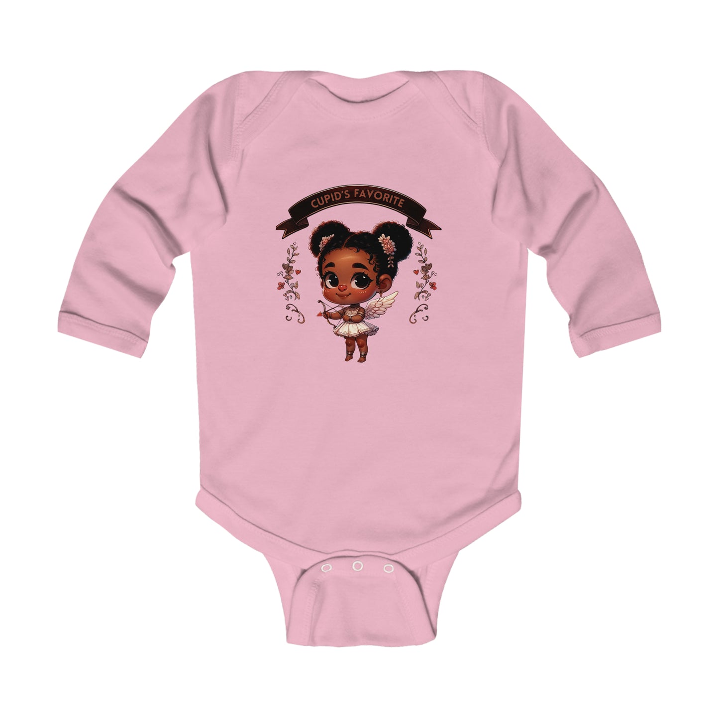 Black Girl Cupid Valentines Day Infant Long Sleeve Bodysuit, Valentines Day Baby Girl Onesie