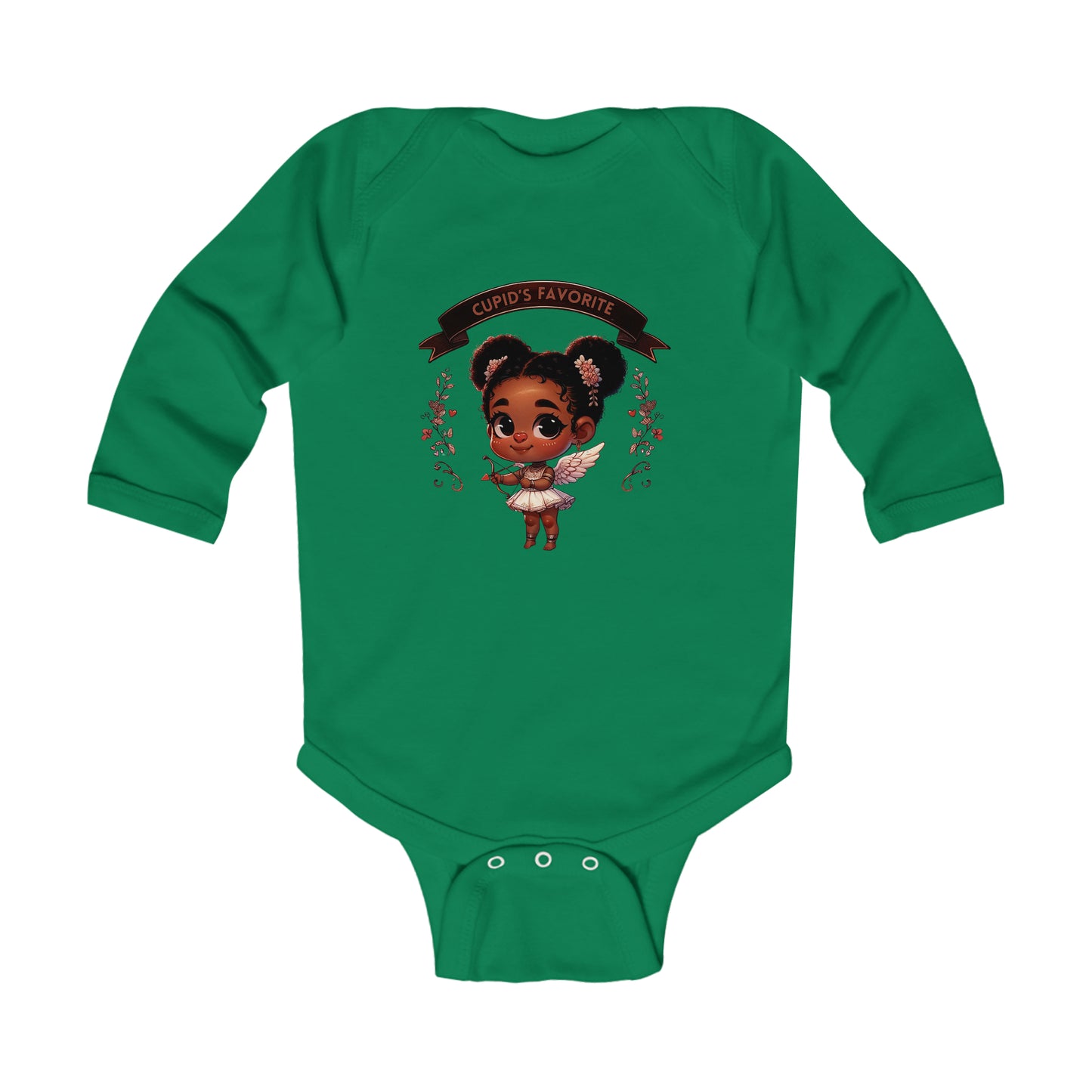 Black Girl Cupid Valentines Day Infant Long Sleeve Bodysuit, Valentines Day Baby Girl Onesie