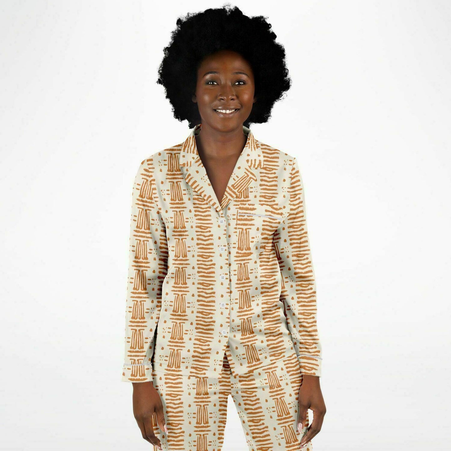 Women's Rust & Cream Mud Cloth Satin Pajama Set, African Print Luxury Sleepwear