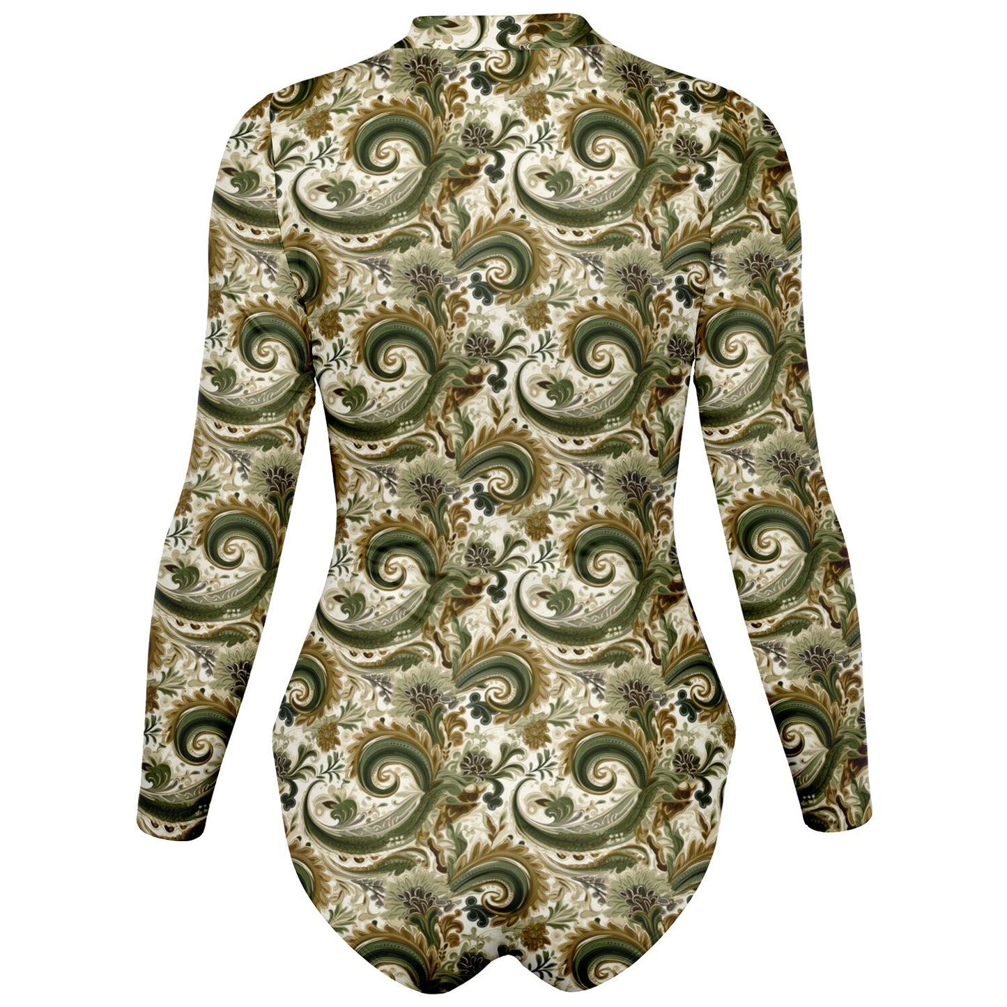 Green & Tan Paisley Print Long Sleeve Bodysuit | Trend Boho Chic Fashion | Paisley Print Women's Fashion | Bandana Print Bodysuit