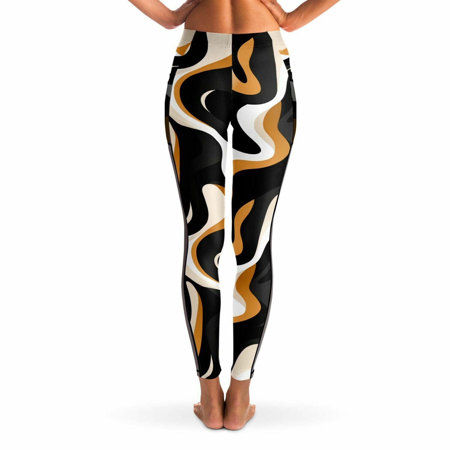 Earth-Tone Womens Yoga Pants, Abstract Black Women's Leggings Bold Lines and Fluid Movements