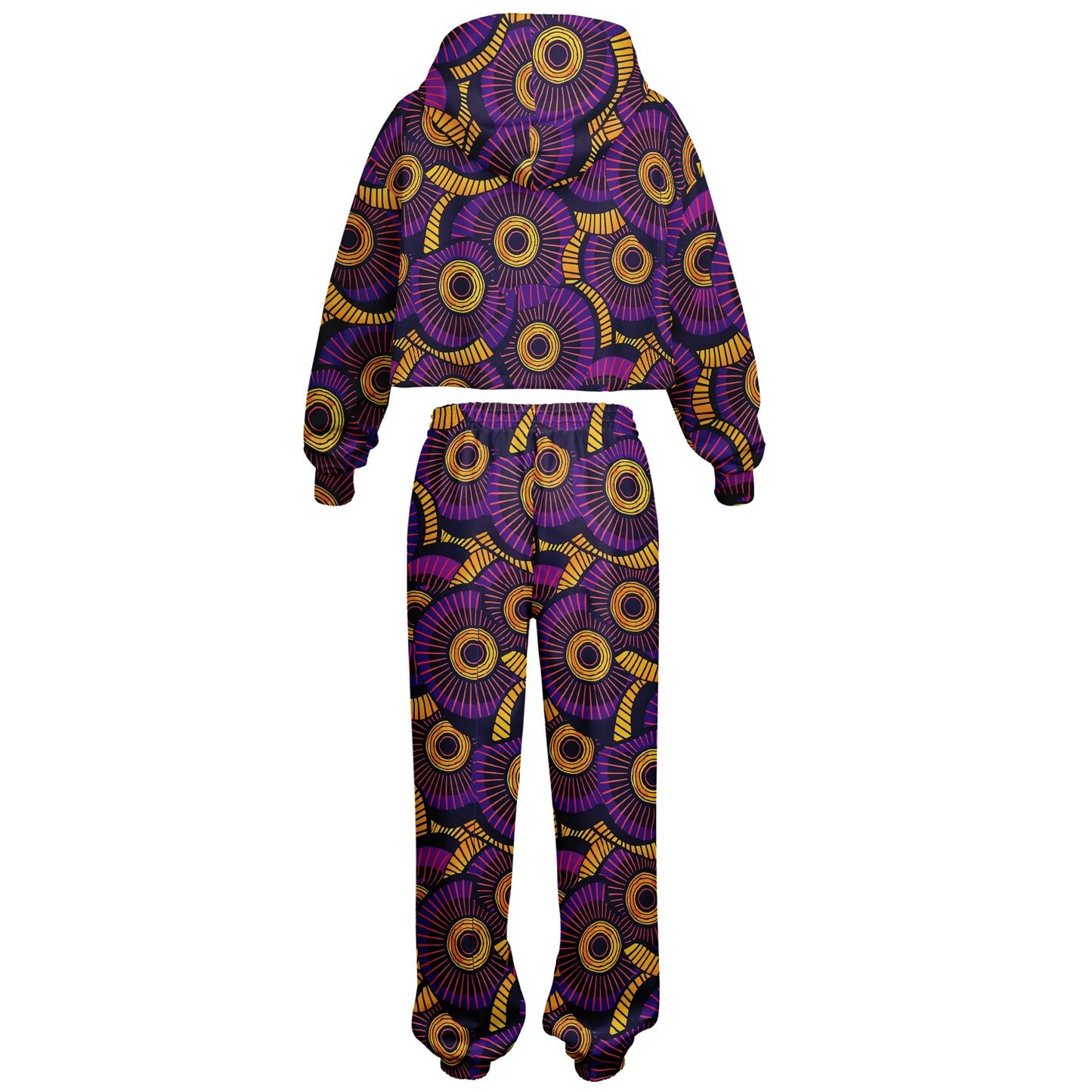 Purple and Gold Women's African Wax Print Tracksuit, Afrocentric Hoodie & Sweatpants