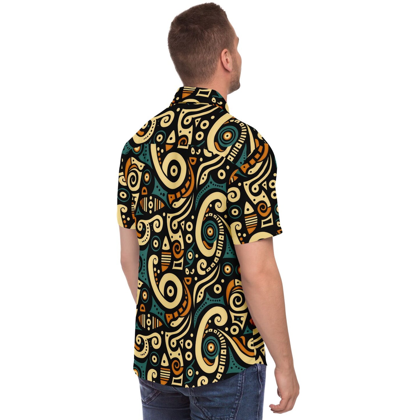 Afrocentric Art Print Short Sleeve Button Down Shirt, Teal & Burnt Sienna Retro Design