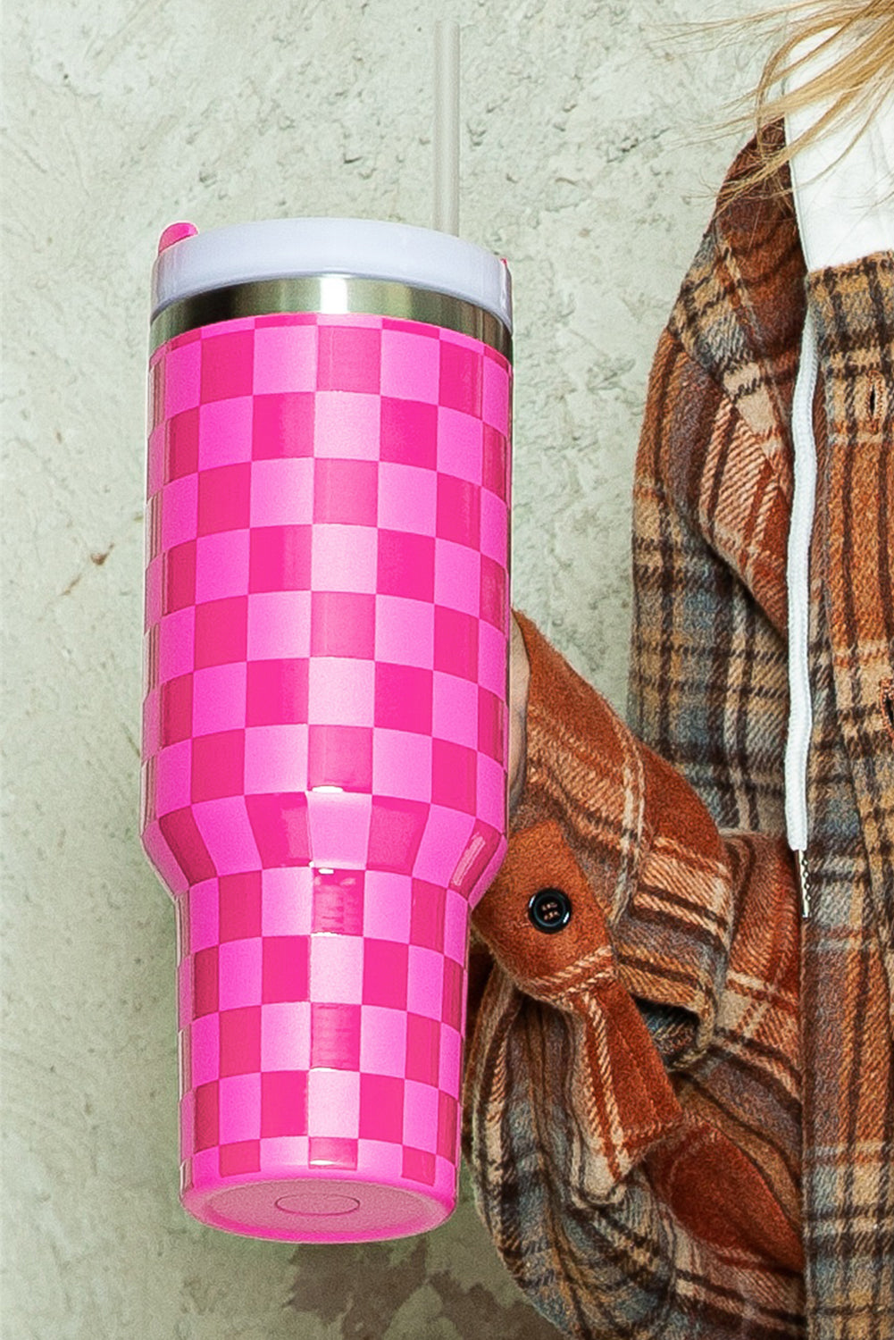 Bright Pink Checkered Print 40oz Stainless Steel Tumbler Cup with Handle - Durable & Temperature Retaining