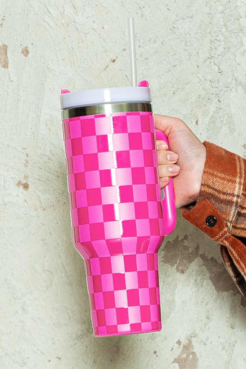 Bright Pink Checkered Print 40oz Stainless Steel Tumbler Cup with Handle - Durable & Temperature Retaining