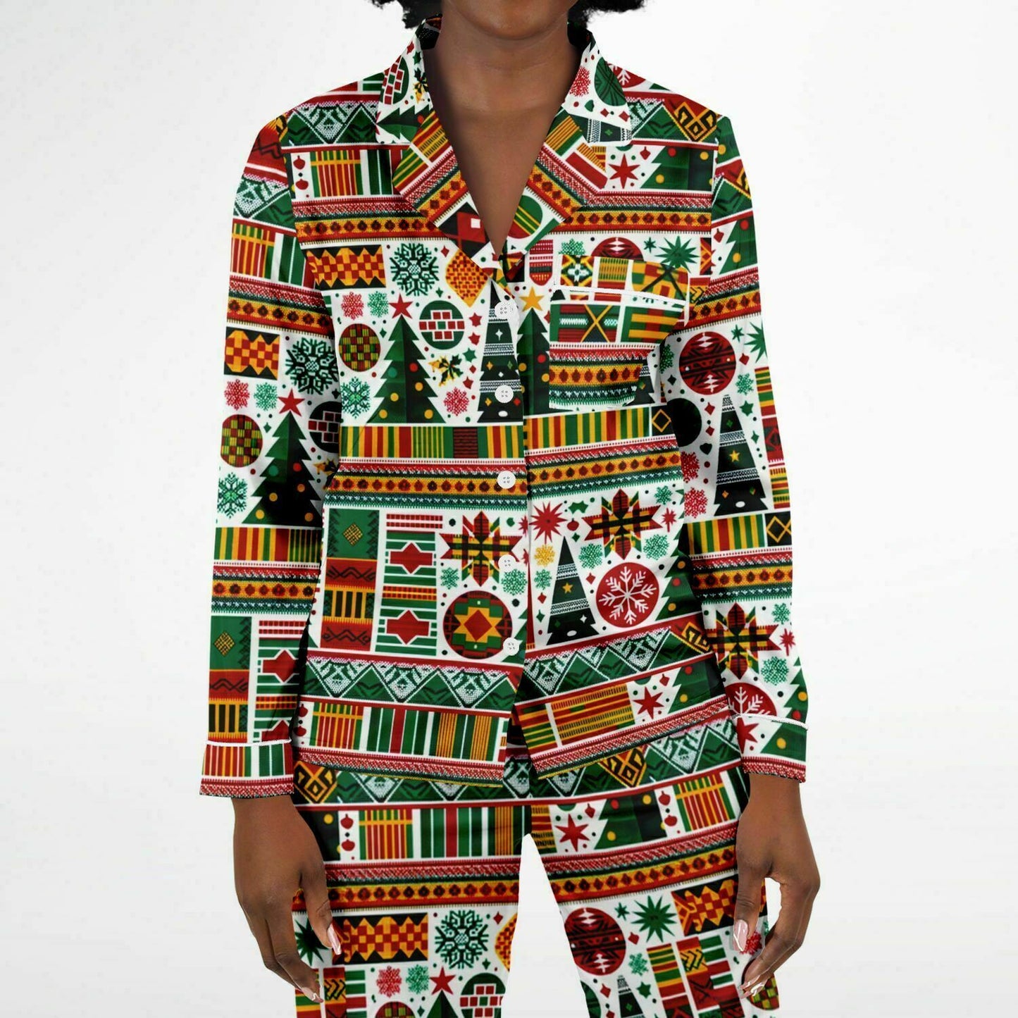 Kente Cloth Christmas Women's Satin Pajamas, Colorful Kente Cloth Christmas Themed Night Wear