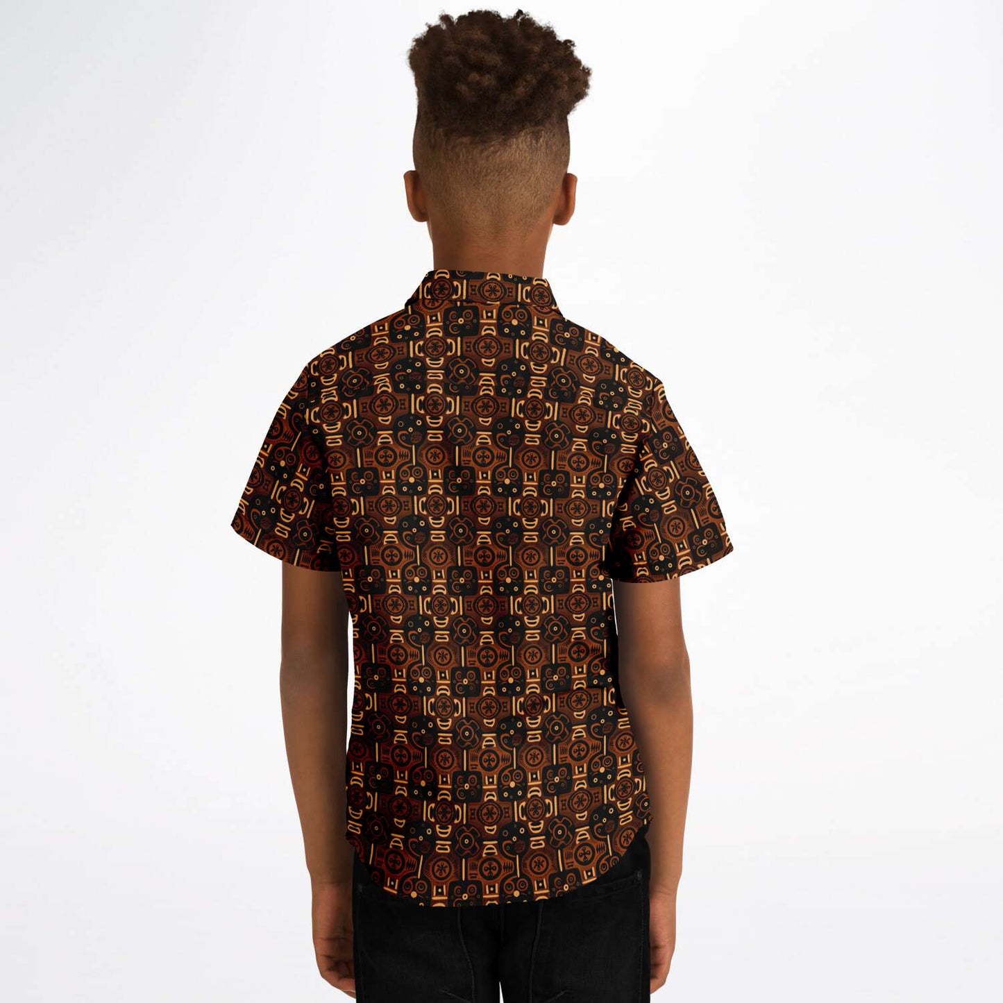 Brown African Wax Print Boys Button Down Shirt | Youth Ethnic Print Dressy Shirt