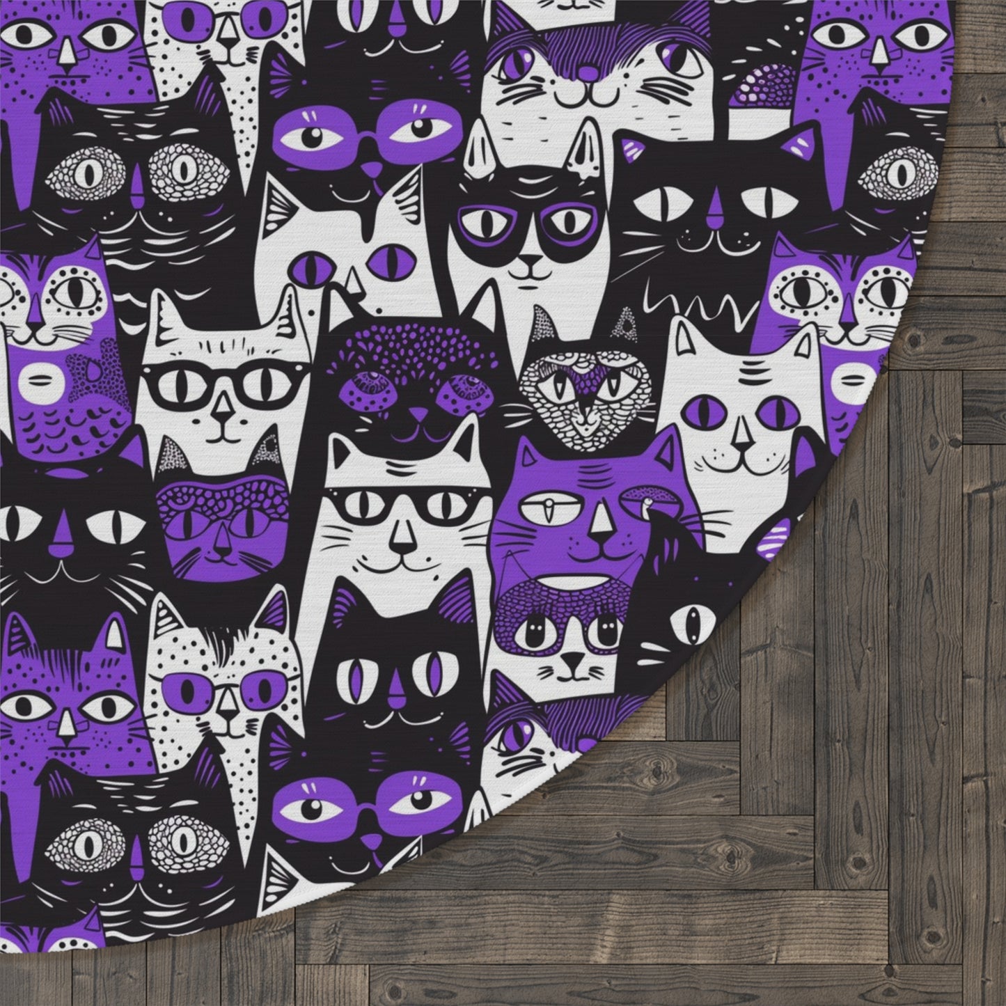 Purple Whimsical Cat Faces Round Rug, 60" Chenille Decorative Rug, Whimsical Cat Themed Home Decor