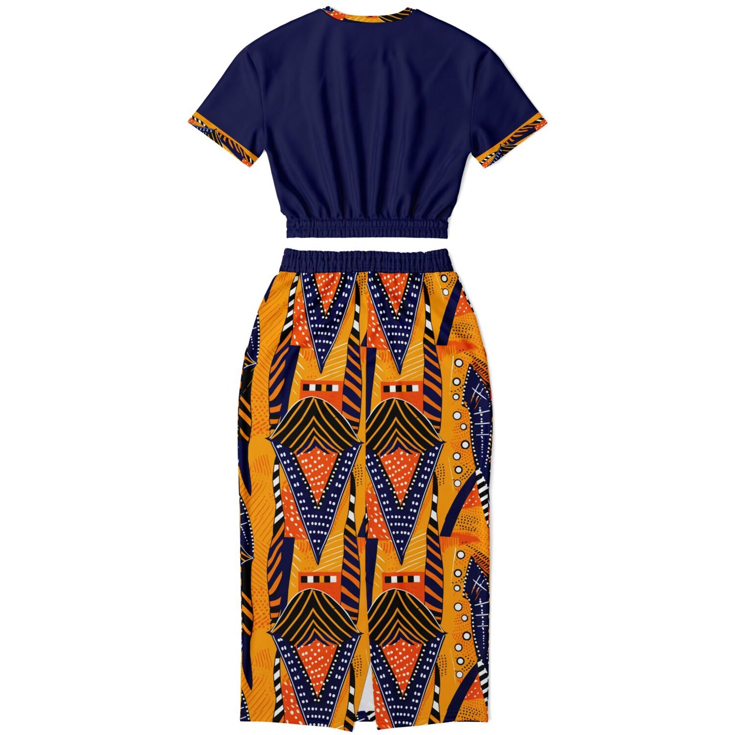 African Print & Midnight Blue Color Block Women's Cropped Sweatshirt and Skirt Set, African Print Fashion For Women