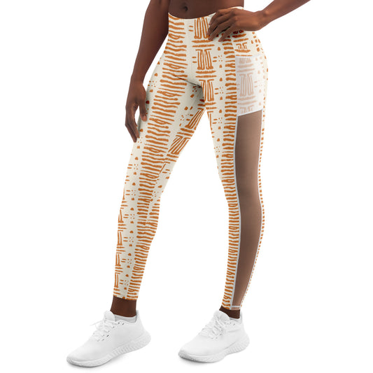 Rust & Cream Colored Sexy Women's African Print MeshPocket Leggings, African Pattern Workout Gear