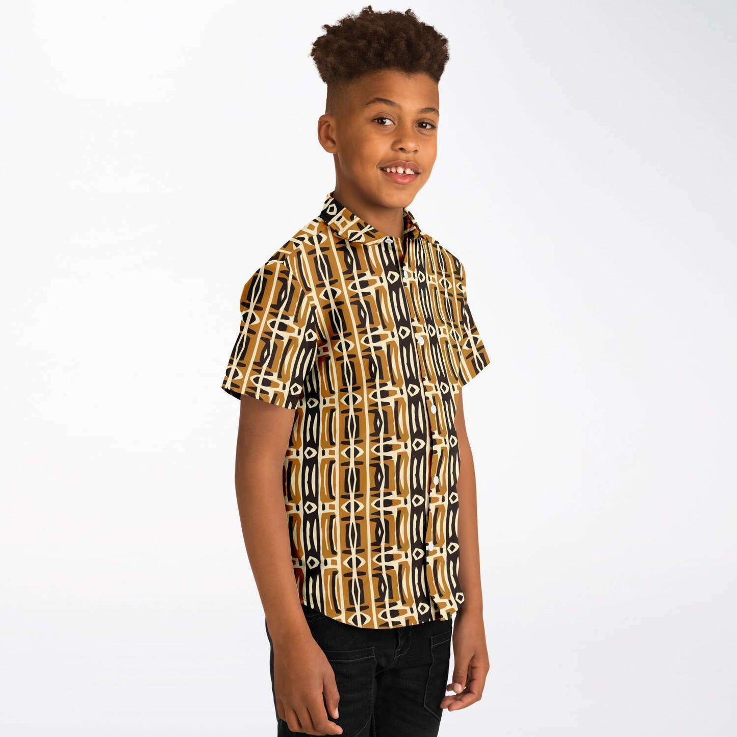 Brown and Cream African Mud Cloth Print Kids' Button-Up Shirt