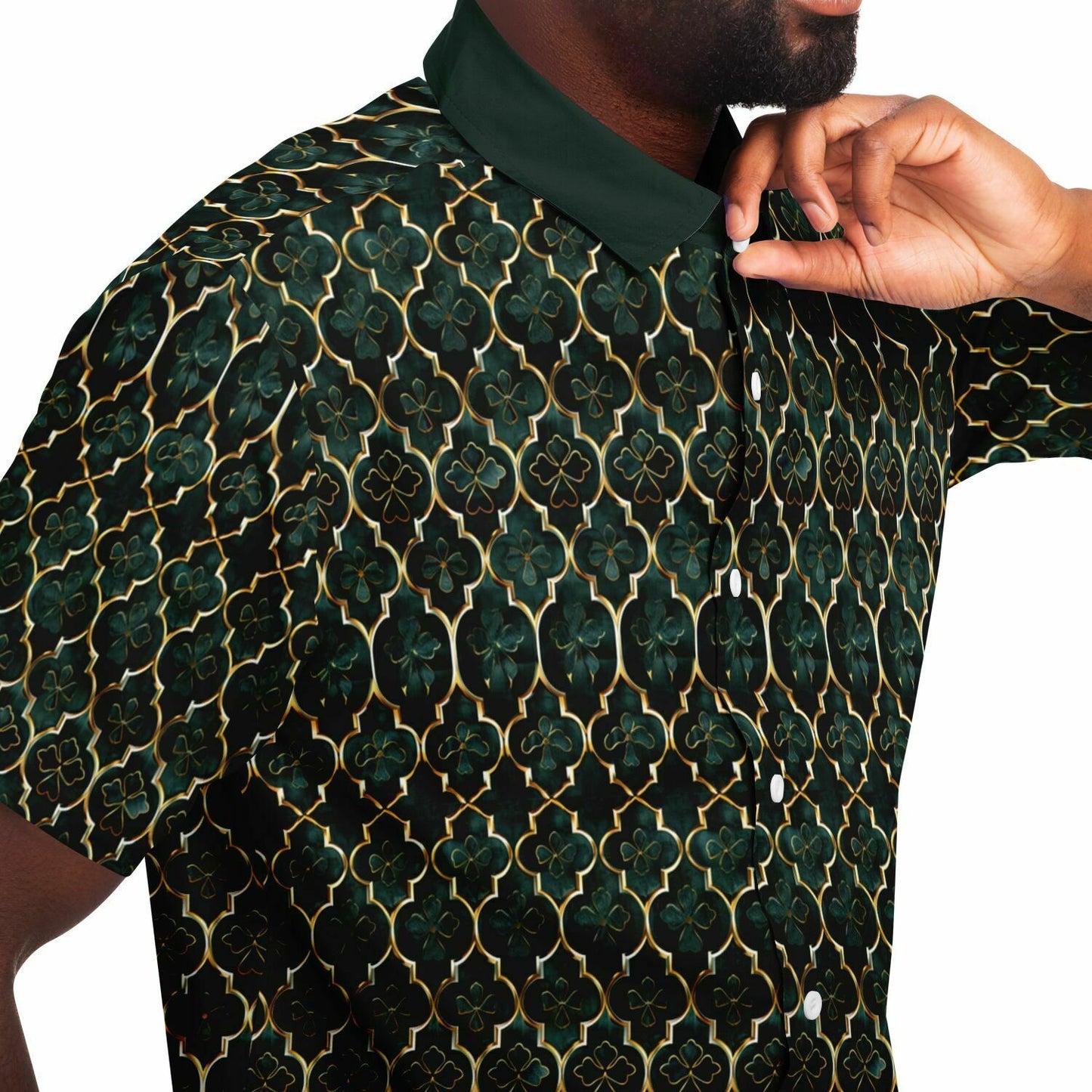 Emerald Elegance: Clover Mosaic Short Sleeve Button Down Shirt, Irish Themed Mens Patterned Dress Shirt