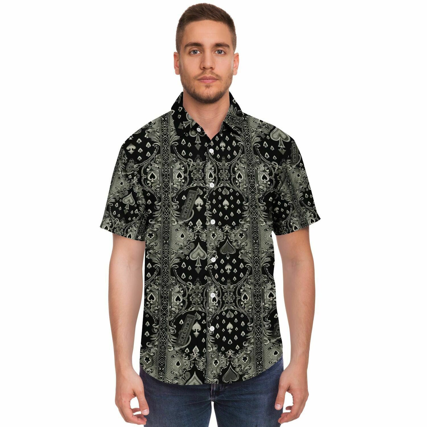 Ace of Spades Men's Short Sleeve Button Down Shirt, Black and Grey Poker Print