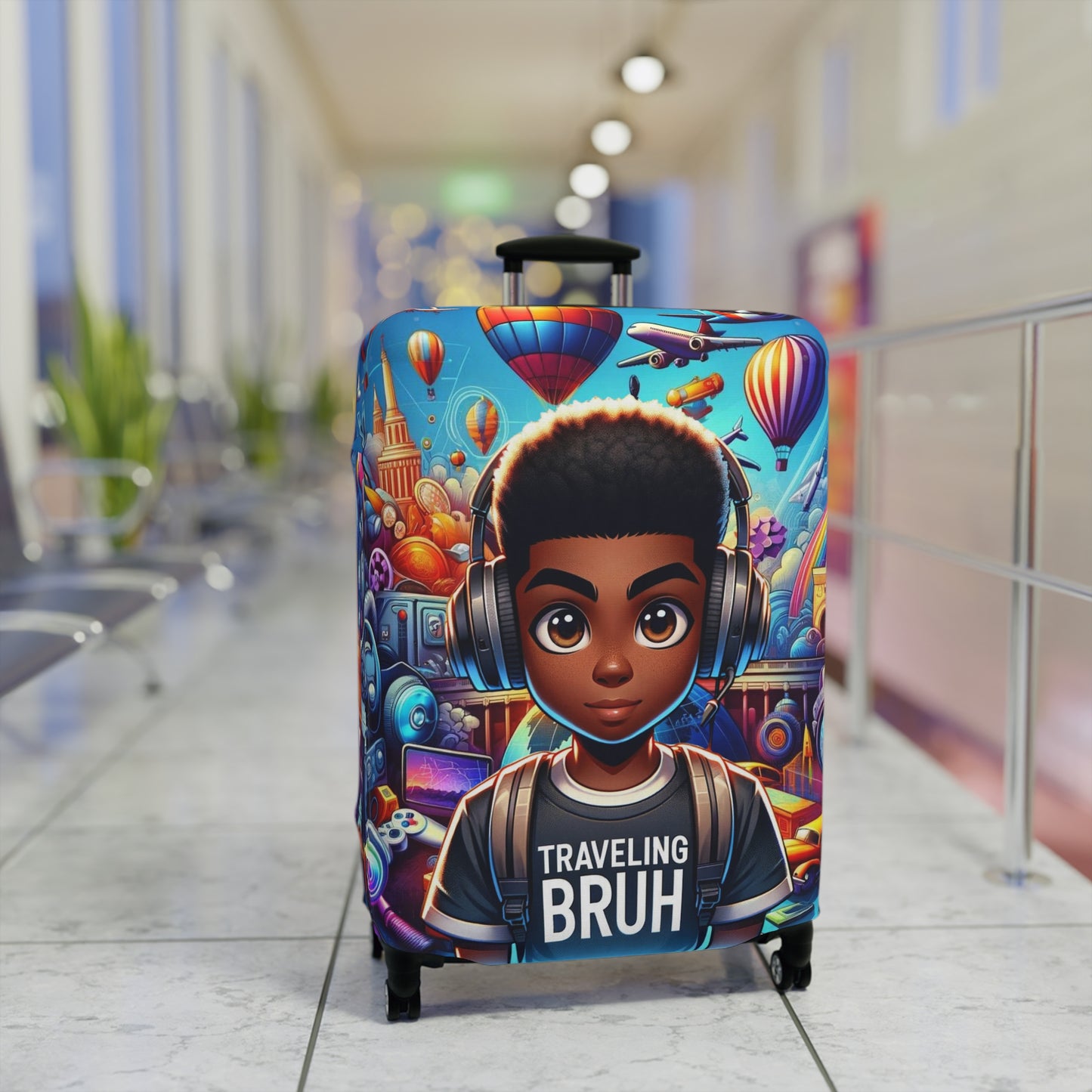 Traveling Bruh Moment Luggage Cover, Black Boy Joy Suitcase Protector