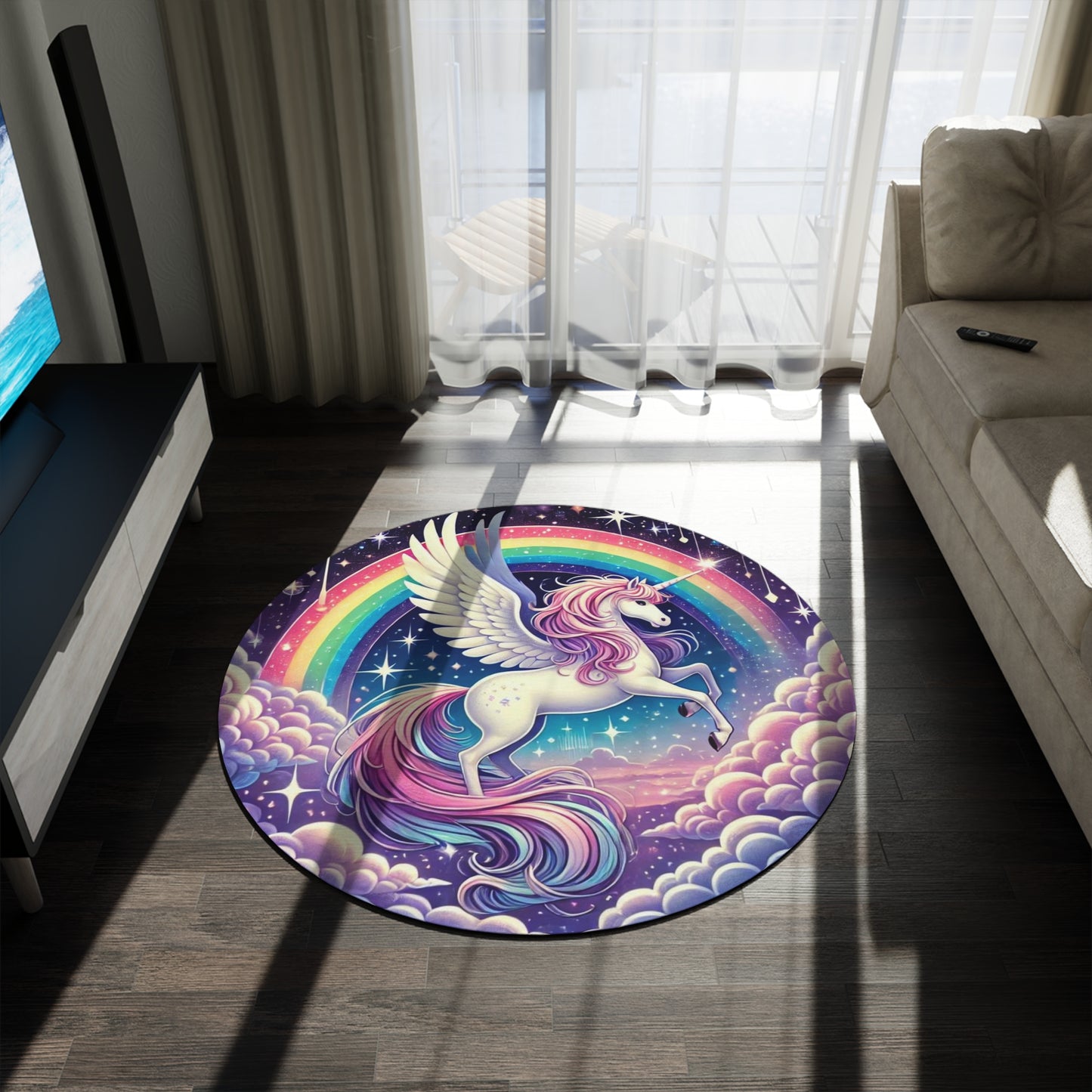 Magical Pegasus Unicorn Round Rug, Chenille 60" Rainbow Design