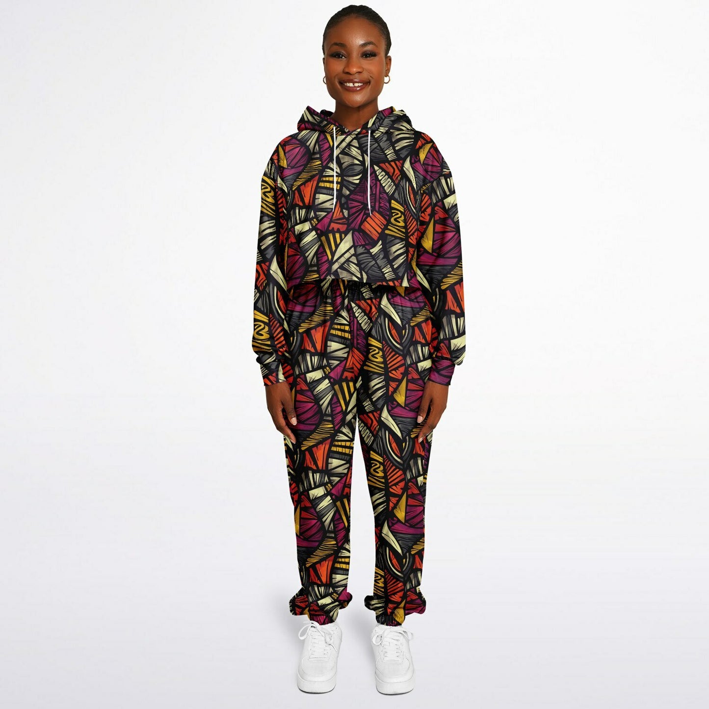 Women's African Kente Cloth Pattern Athletic Hoodie & Jogger Set , Urban Graffiti-Style Streetwear