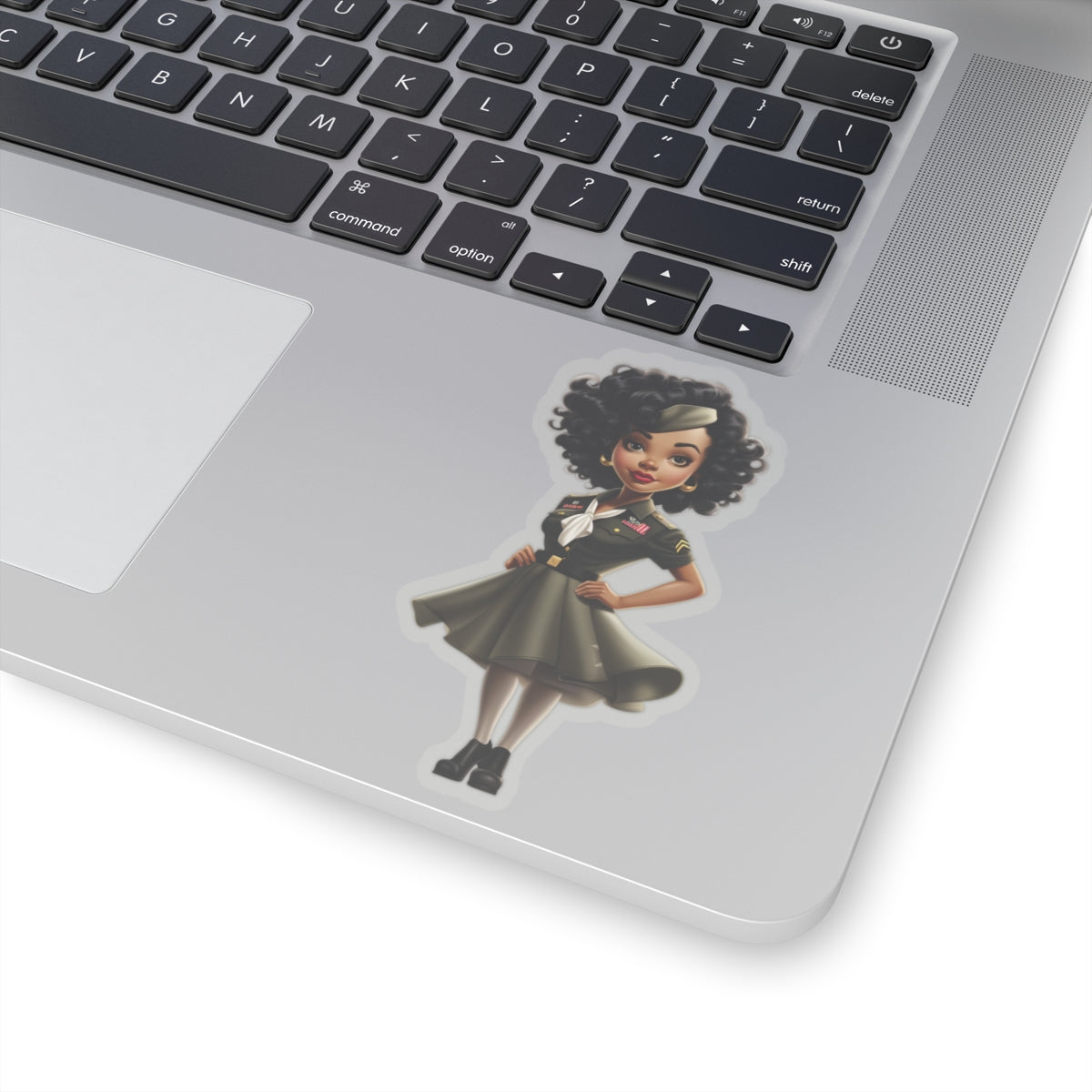 Animated Black Woman Military Pin-Up Sticker, Black Woman Pin Up Style Art Decal