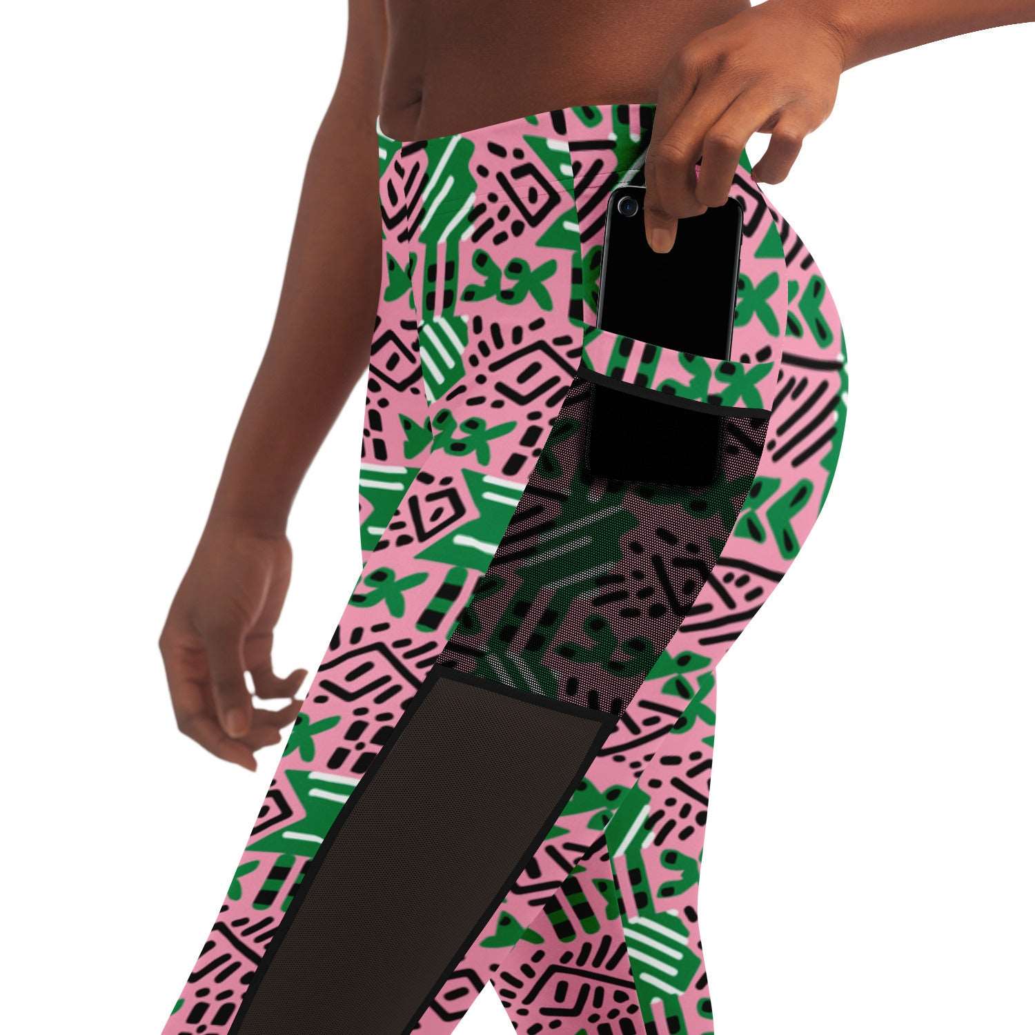 AKA Pink & Green Sorority Inspired African MudCloth Mesh Pocket Leggings, African Print Women's Athletic Wear