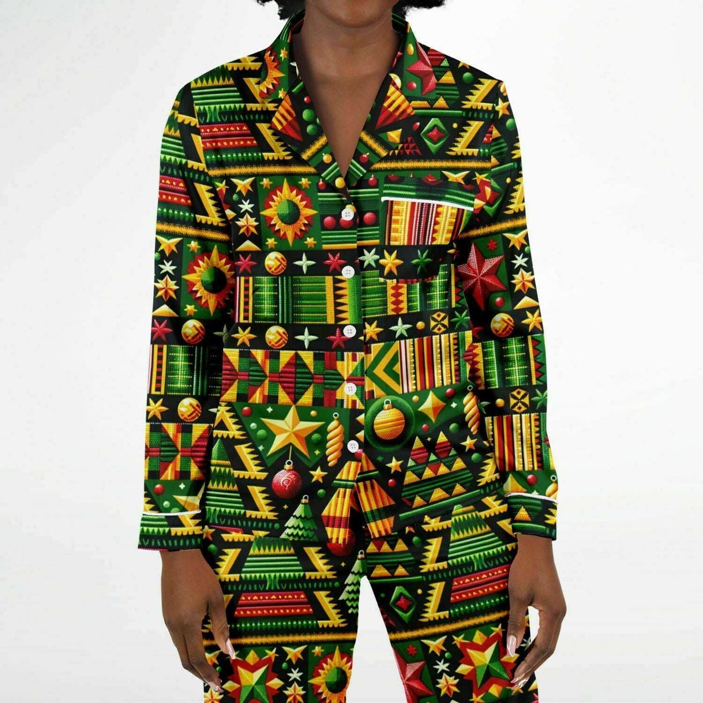 African Kente Cloth Christmas Print Women's Satin Pajamas, Kente Print Women's Fashion