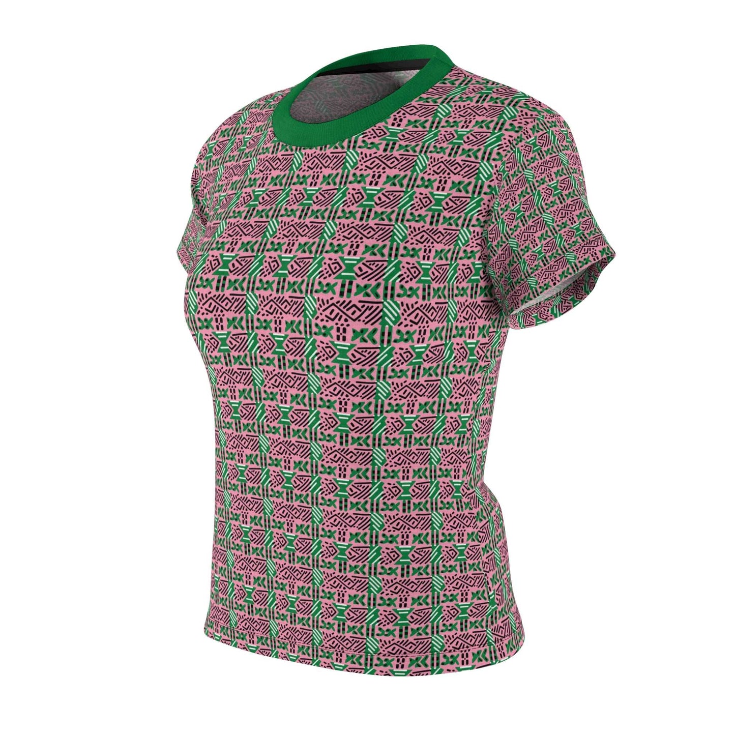 AKA Sorority Pink and Green Women's T-Shirt, Pink & Green MudCloth Print Ladies Top