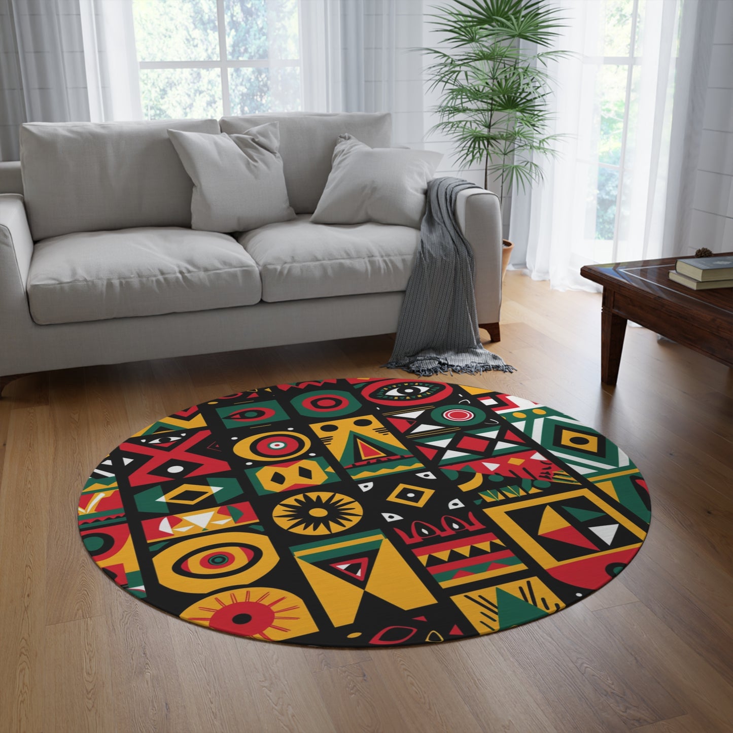 Urban Pop Art African Print Round Rug in Red Yellow & Green