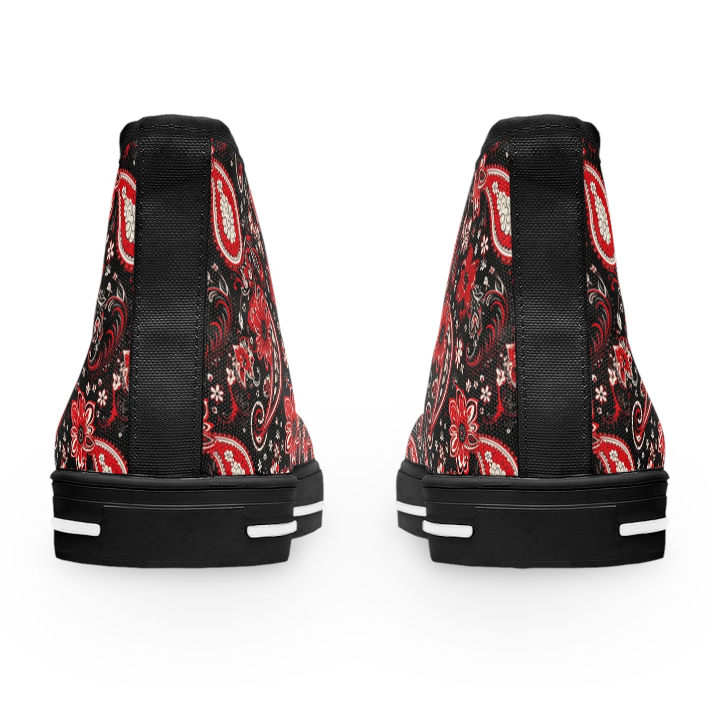 Black & Red Paisley Print Women's High Top Sneakers, Stylish Paisley Pattern Sneakers, Trendy Black and Red Bandana Print Shoes