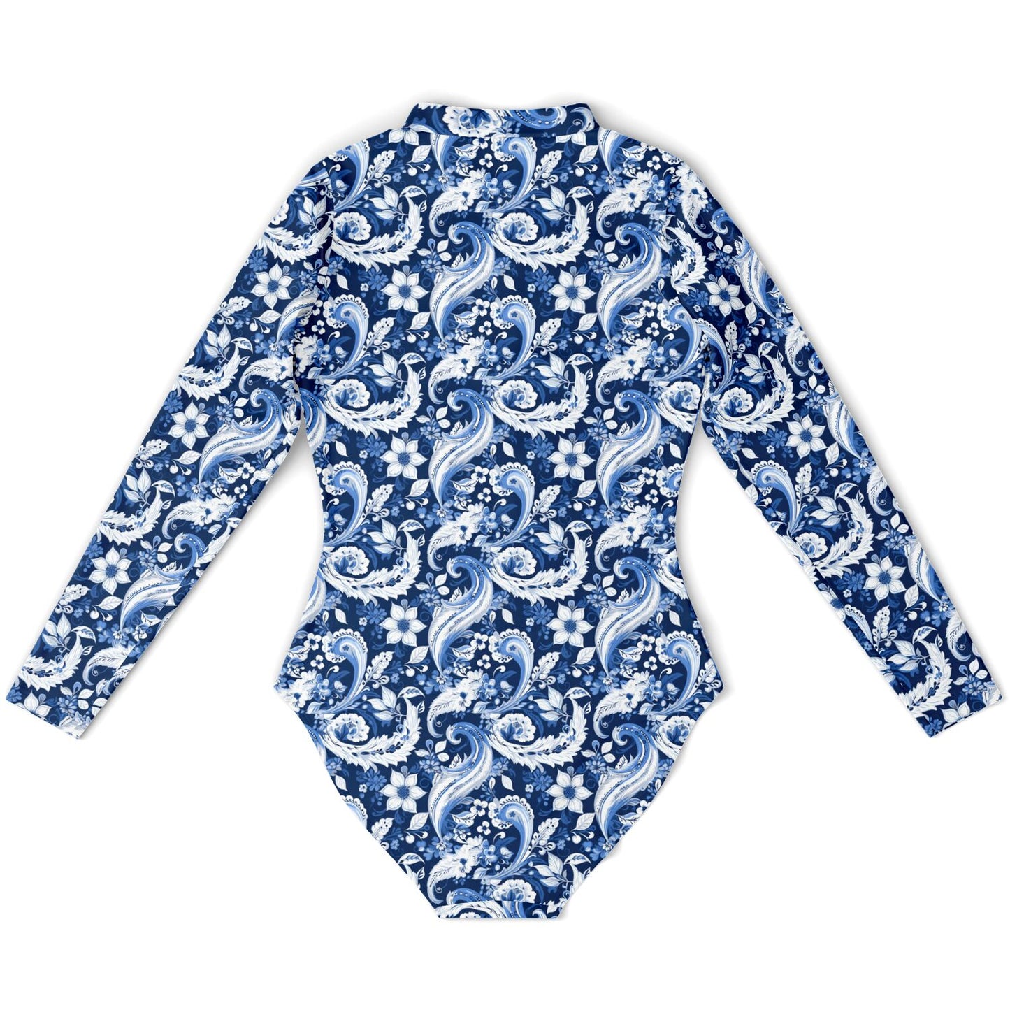 Blue & White Paisley Print Long Sleeve Bodysuit | Trendy UV protection Clothing | Paisley Print Women's Fashion | Bandana Print Bodysuit