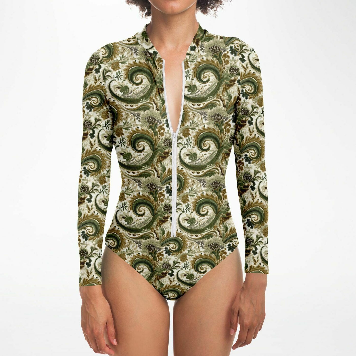 Green & Tan Paisley Print Long Sleeve Bodysuit | Trend Boho Chic Fashion | Paisley Print Women's Fashion | Bandana Print Bodysuit