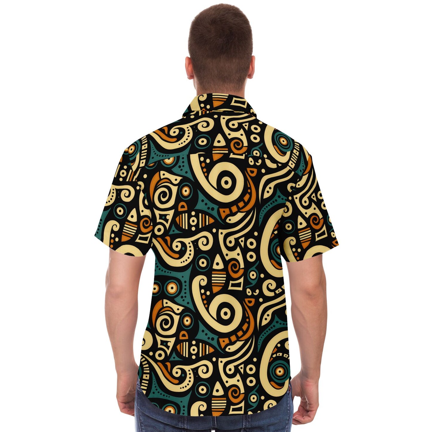 Afrocentric Art Print Short Sleeve Button Down Shirt, Teal & Burnt Sienna Retro Design