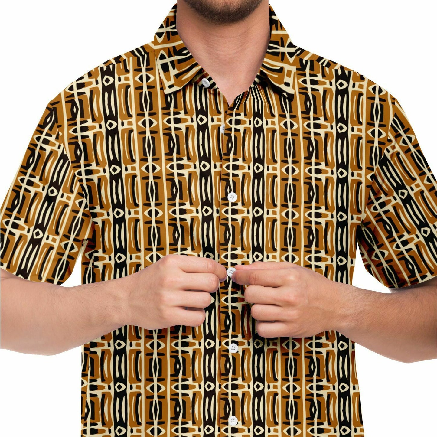 Brown & Cream African MudCloth Mens Button Down Shirt | Ethnic Print Men's Fashion