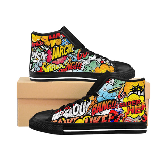 Retro Comic Craze: Colorful Collage Women Classics Sneakers With Black Soles