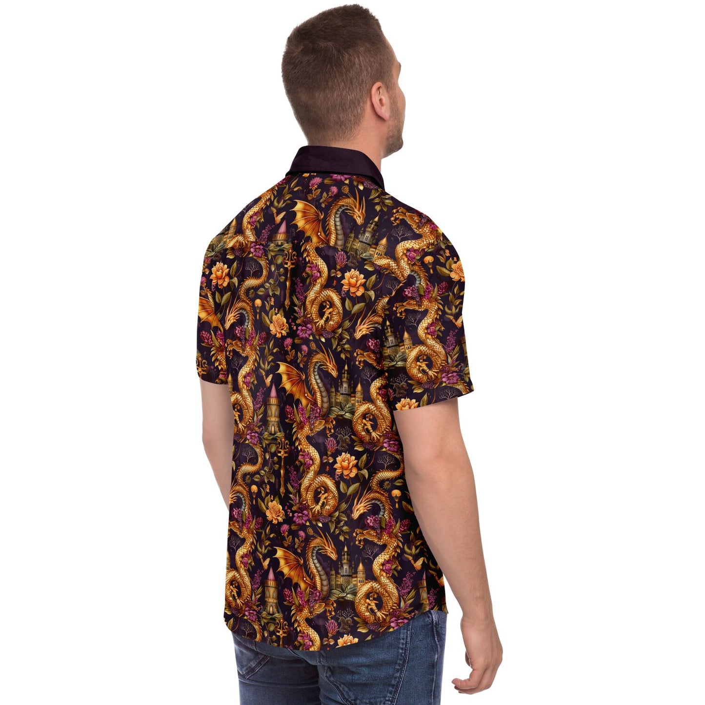 Fantasy-Themed Dragon Print Men's Short Sleeve Button Down Shirt, Gold and Purple Design