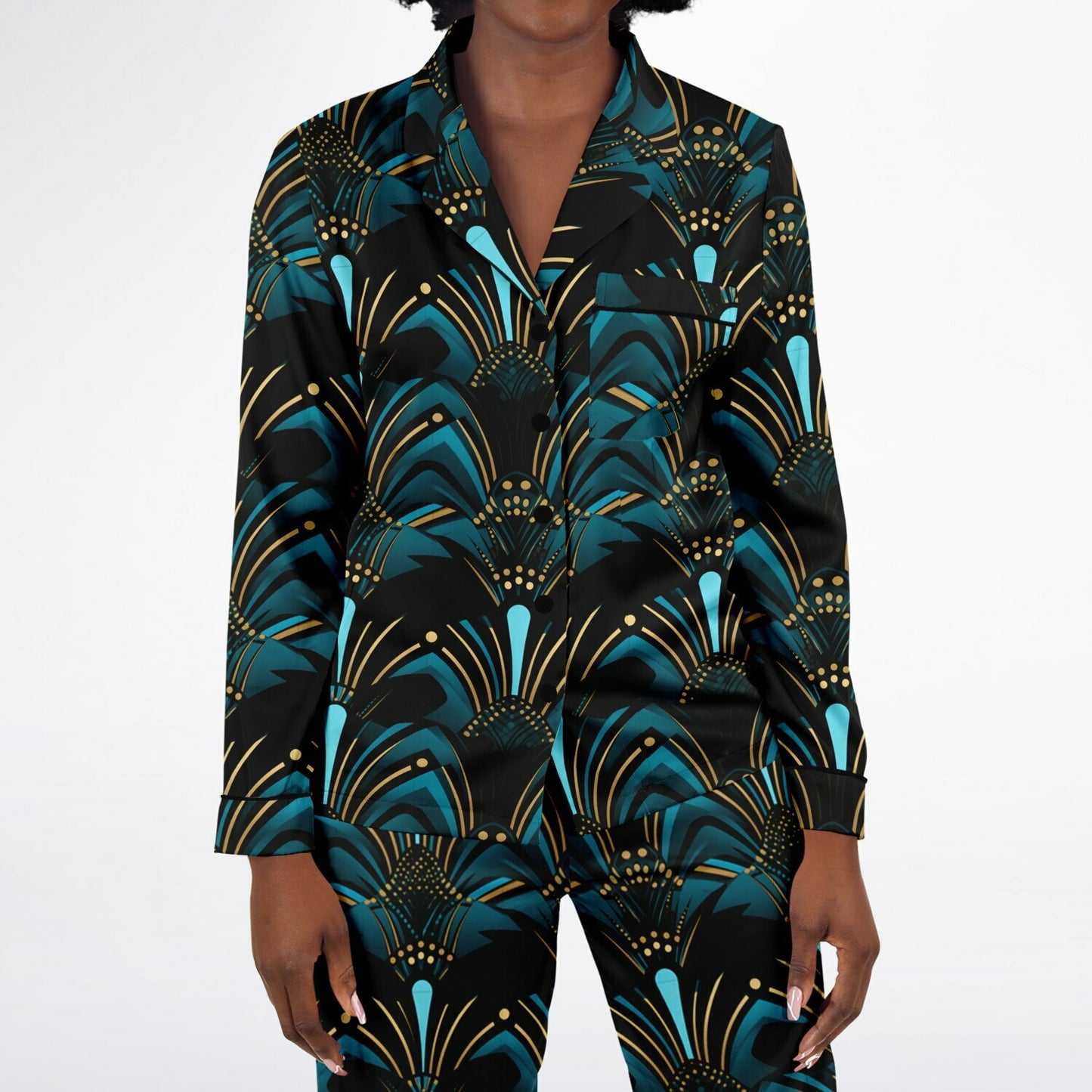 Zanzibar Blue & Ebony Black African Print Satin Pajama Set, Plus Size Nightwear for Women