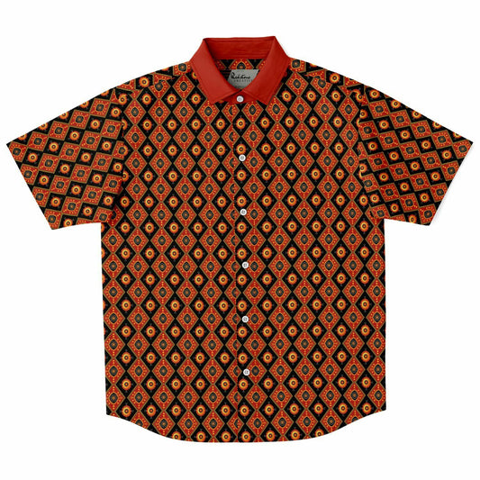 Vibrant African Print Men's Short Sleeve Button Down Shirt, Red and Yellow Ethnic Diamond Pattern